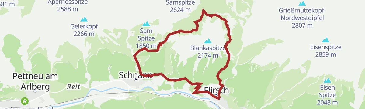 Route map: Flirsch - Schnanner Klamm - Fritzhütte - Ansbacher Hütte - Flirsch